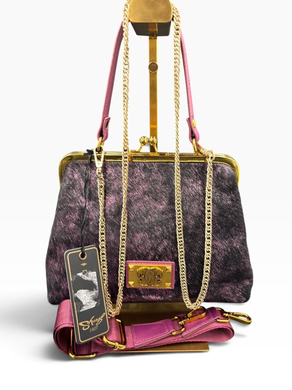 Sharif 1827 Purple Haircalf Kiss Lock Satchel Crossbody Bag Pink Gold